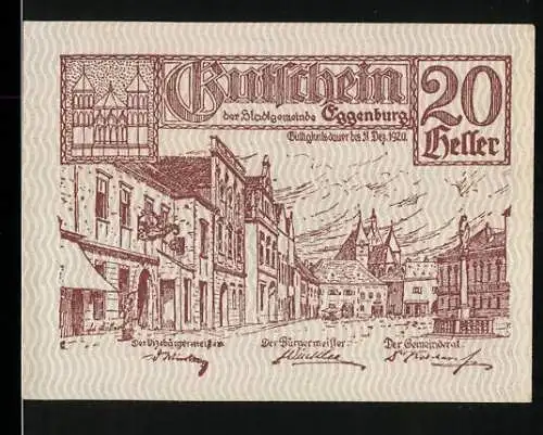 Notgeld Eggenburg 1920, 20 Heller, Stadtansicht und Siegel der Stadt Eggenburg