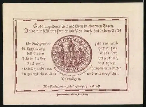 Notgeld Eggenburg 1920, 20 Heller, Stadtansicht und Siegel der Stadt Eggenburg