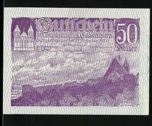 Notgeld Eggenburg 1920, 50 Heller, Burgansicht und historisches Siegel der Stadt