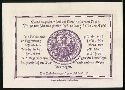 Notgeld Eggenburg 1920, 50 Heller, Burgansicht und historisches Siegel der Stadt