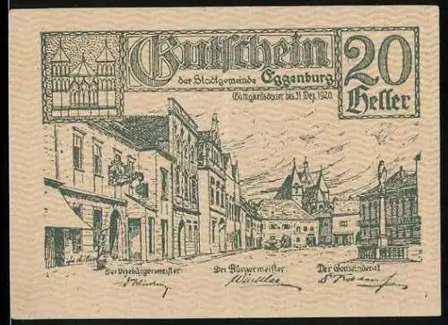 Notgeld Eggenburg 1920, 20 Heller, Stadtansicht und Siegel der Stadtgemeinde