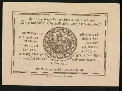 Notgeld Eggenburg 1920, 20 Heller, Stadtansicht und Siegel der Stadtgemeinde