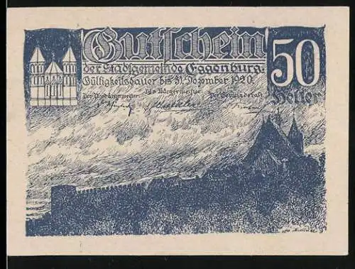 Notgeld Eggenburg 1920, 50 Heller, Stadtansicht mit Kirche und Wappen im Siegel