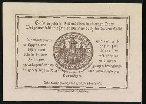 Notgeld Eggenburg 1920, 50 Heller, Stadtansicht mit Kirche und Wappen im Siegel