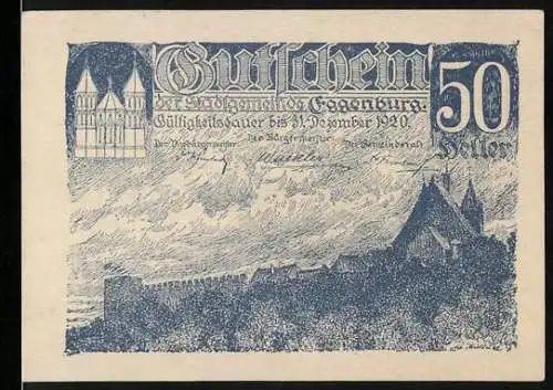 Notgeld Eggenburg 1920, 50 Heller, Stadtansicht mit Burg und Wappen im Kreis