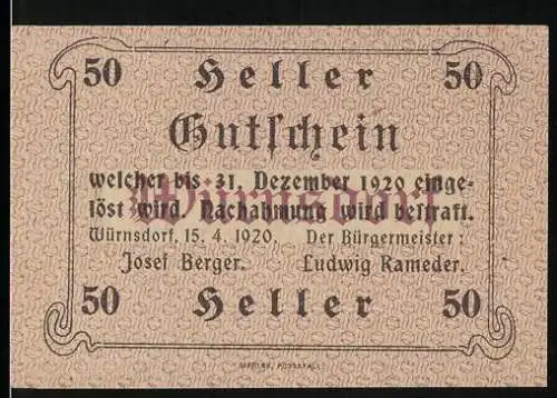 Notgeld Würnsdorf 1920, 50 Heller, Gutscheintext mit Einlösebedingungen