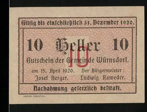 Notgeld Würnsdorf 1920, 10 Heller, Gutschein der Gemeinde mit Gültigkeit bis 31. Dezember 1920