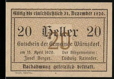 Notgeld Würnsdorf 1920, 20 Heller, Gutschein mit Gültigkeitsdatum und Unterschriften der Bürgermeister