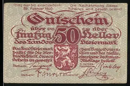 Notgeld Graz / Steiermark 1920, 50 Heller, Wappenmotiv mit Inschriften und Gültigkeitsvermerk