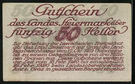 Notgeld Graz / Steiermark 1920, 50 Heller, Wappenmotiv mit Inschriften und Gültigkeitsvermerk