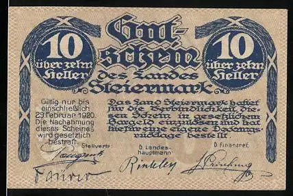 Notgeld Graz / Steiermark 1920, 10 Heller, blauer Schriftzug und Text über Gültigkeit und Einlösung