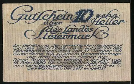 Notgeld Graz / Steiermark 1920, 10 Heller, blauer Schriftzug und Text über Gültigkeit und Einlösung