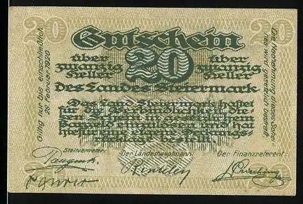 Notgeld Graz / Steiermark 1920, 20 Heller, dekorative Schrift und Textdetails