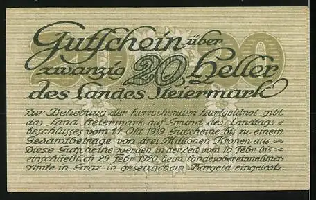 Notgeld Graz / Steiermark 1920, 20 Heller, dekorative Schrift und Textdetails