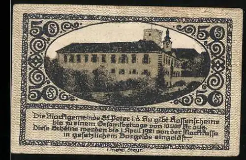 Notgeld St. Peter in der Au 1921, 50 Heller, Gebäudeansicht & Wappen, dekorativer Rand