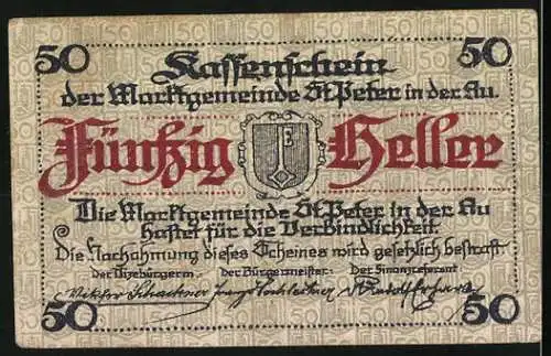 Notgeld St. Peter in der Au 1921, 50 Heller, Gebäudeansicht & Wappen, dekorativer Rand