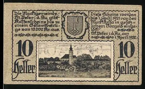 Notgeld St. Peter i.d. Au 1920, 10 Heller, Dorflandschaft, Wappen, Seriennummer