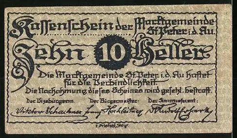 Notgeld St. Peter i.d. Au 1920, 10 Heller, Dorflandschaft, Wappen, Seriennummer