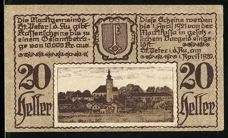 Notgeld St. Peter i. d. Au 1920, 20 Heller, Dorfansicht und Wappen