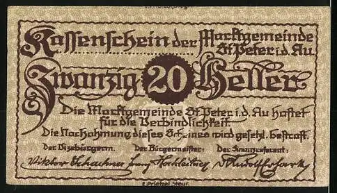 Notgeld St. Peter i. d. Au 1920, 20 Heller, Dorfansicht und Wappen