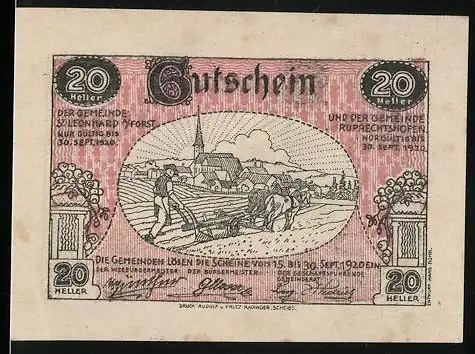 Notgeld St. Leonhard und Ruprechtshofen 1920, 20 Heller, ländliche Pflugszene mit Kirche und Ortssilhouette