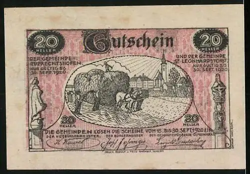 Notgeld St. Leonhard und Ruprechtshofen 1920, 20 Heller, ländliche Pflugszene mit Kirche und Ortssilhouette