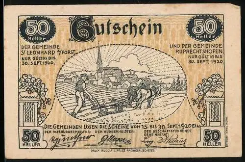 Notgeld St. Leonhard und Ruprechtshofen 1920, 50 Heller, Pflügende Bauern und Heubündel, Dorfansichten