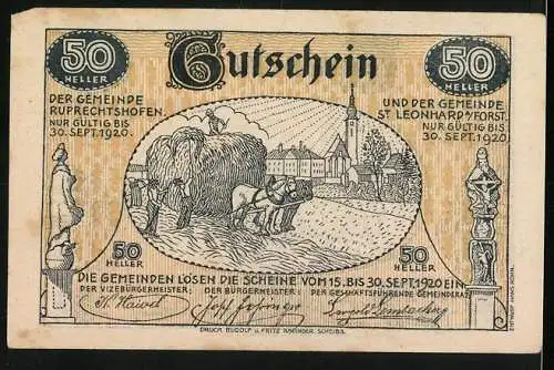 Notgeld St. Leonhard und Ruprechtshofen 1920, 50 Heller, Pflügende Bauern und Heubündel, Dorfansichten