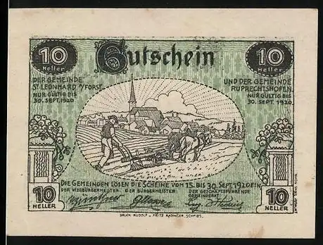 Notgeld St. Leonhard und Ruprechtshofen 1920, 10 Heller, ländliche Szene mit Pflügen und Ernte