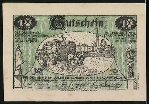 Notgeld St. Leonhard und Ruprechtshofen 1920, 10 Heller, ländliche Szene mit Pflügen und Ernte