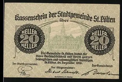 Notgeld St. Pölten 1919, 20 Heller, Stadtansicht und Text zur Gültigkeit