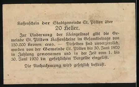 Notgeld St. Pölten 1919, 20 Heller, Stadtansicht und Text zur Gültigkeit