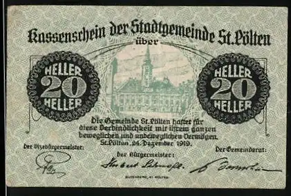 Notgeld St. Pölten 1919, 20 Heller, Stadtansicht mit Textpassage