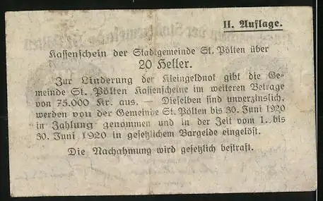 Notgeld St. Pölten 1919, 20 Heller, Stadtansicht mit Textpassage