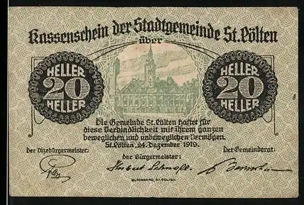 Notgeld St. Pölten 1919, 20 Heller, Stadtansicht und Inschrift