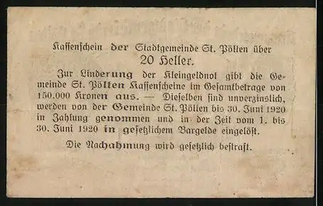 Notgeld St. Pölten 1919, 20 Heller, Stadtansicht und Inschrift