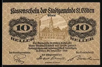 Notgeld St. Pölten 1919, 10 Heller, Stadtansicht mit Gebäude und Text, Kassenschein der Stadtgemeinde