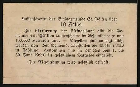 Notgeld St. Pölten 1919, 10 Heller, Stadtansicht mit Gebäude und Text, Kassenschein der Stadtgemeinde