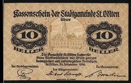 Notgeld St. Pölten 1919, 10 Heller, Stadtansicht und florales Design