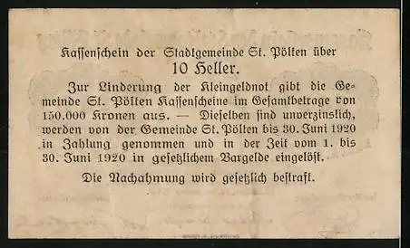 Notgeld St. Pölten 1919, 10 Heller, Stadtansicht und florales Design