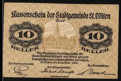 Notgeld St. Pölten 1919, 10 Heller, Rathaus-Abbildung