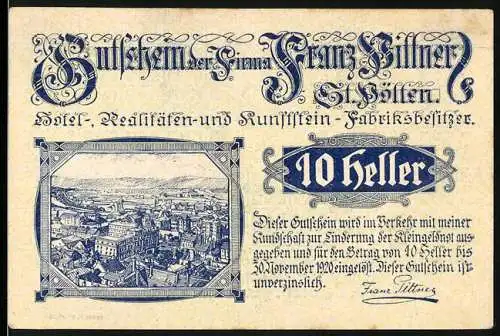 Notgeld St. Pölten 1920, 10 Heller, Stadtansicht und Kremser Tor-Motiv