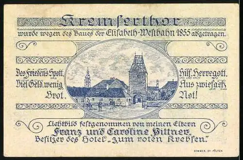 Notgeld St. Pölten 1920, 10 Heller, Stadtansicht und Kremser Tor-Motiv