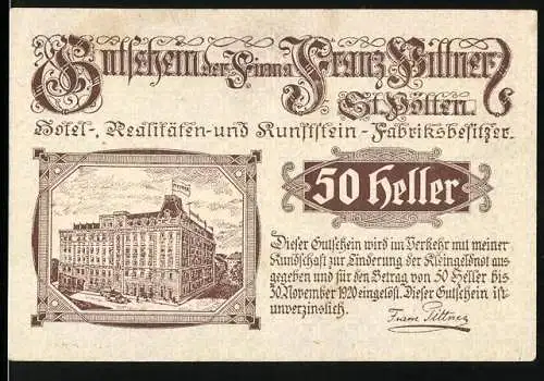 Notgeld St. Pölten, 50 Heller, Hotel Zum roten Krebsen und Kremsertor-Abbildung