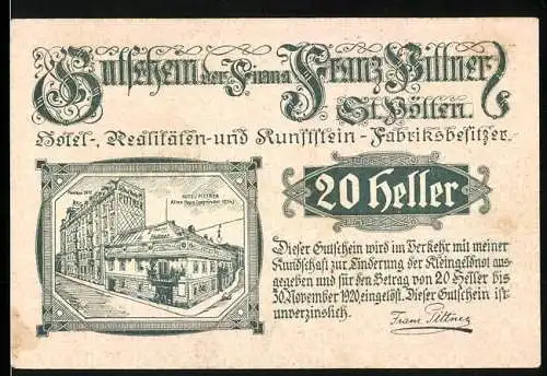 Notgeld St. Pölten 1920, 20 Heller, Hotelansicht und Kremsertor-Motiv