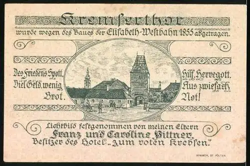 Notgeld St. Pölten 1920, 20 Heller, Hotelansicht und Kremsertor-Motiv