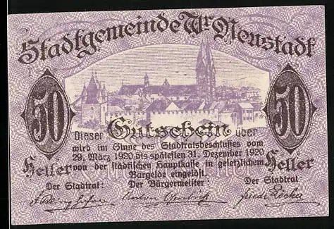 Notgeld Wiener Neustadt 1920, 50 Heller, Stadtansicht und Wappen