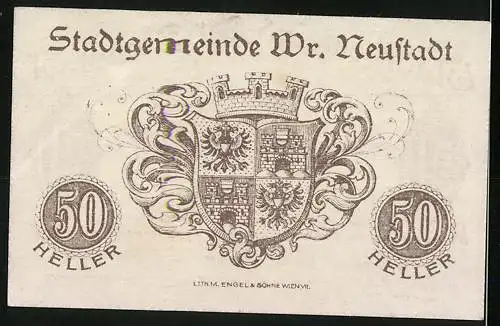 Notgeld Wiener Neustadt 1920, 50 Heller, Stadtansicht und Wappen