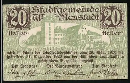 Notgeld Wiener Neustadt 1920, 20 Heller, Stadtansicht und Wasserturm