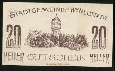 Notgeld Wiener Neustadt 1920, 20 Heller, Stadtansicht und Wasserturm